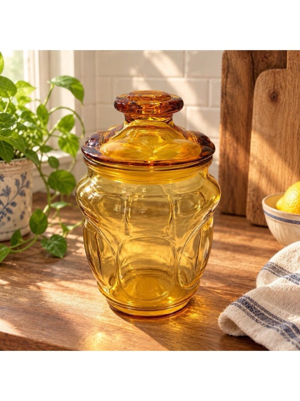 Vintage L.E. Smith Amber Bubble Glass Canister Jar Apothecary Kitchen Home Decor